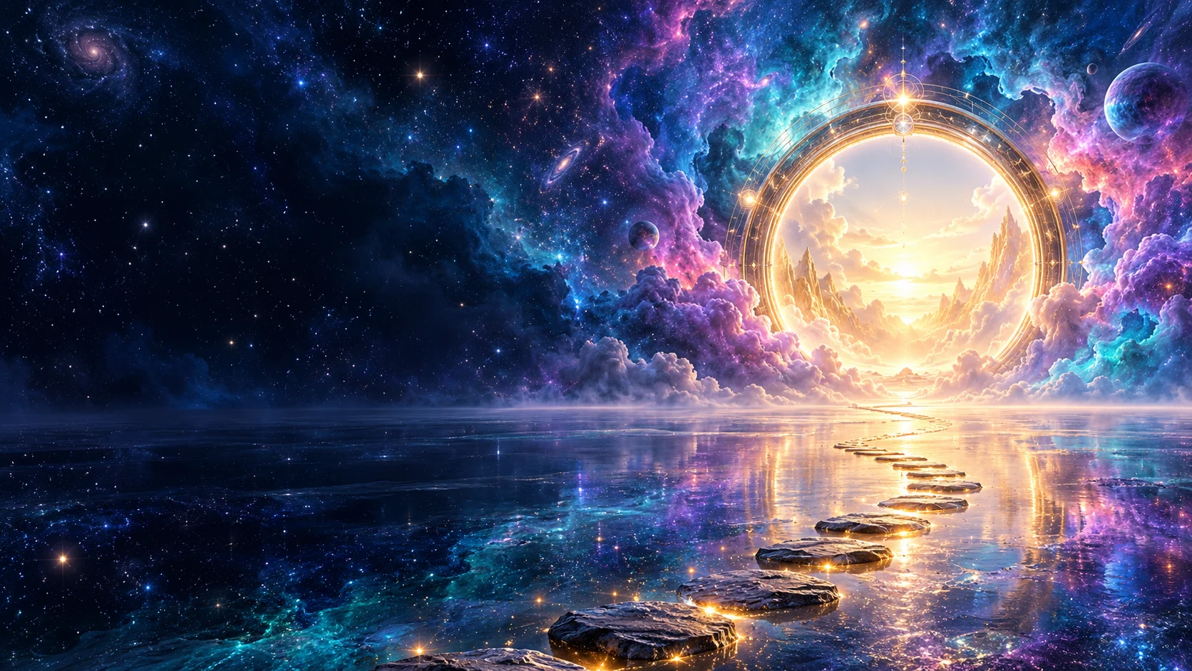 A warm golden gateway opening through vivid violet and turquoise nebula clouds, with a peaceful path across a reflective cosmic sea